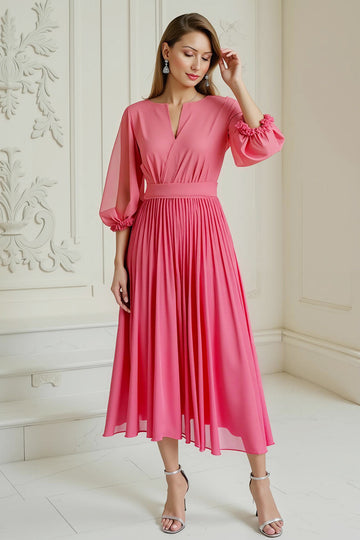 Robe d’invitée de mariée en mousseline de soie plissée rose vif